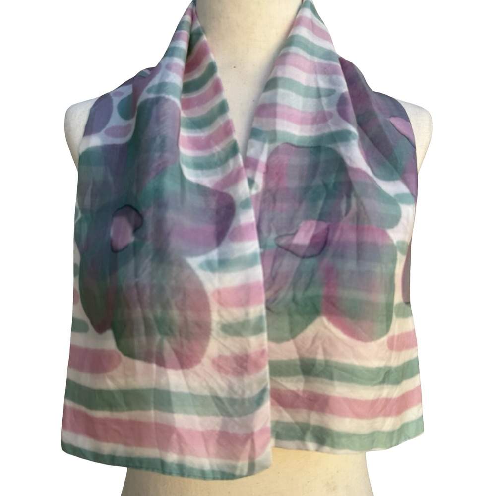 Vintage Made in France Sheer Silk Scarf Watercolor Floral Striped Pink‎ Green